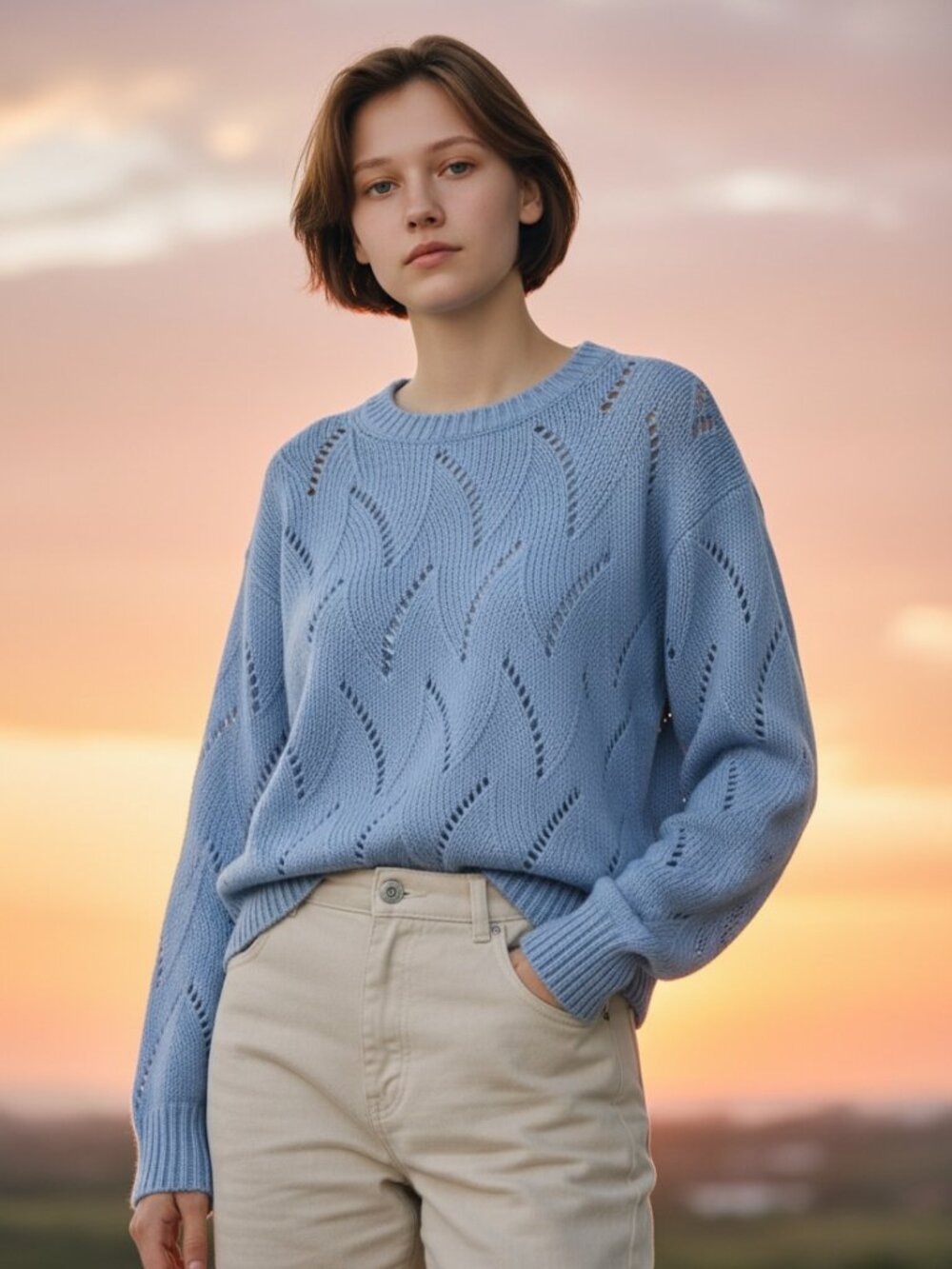 Everlane Pointelle Sweater in Chambray Blue Crew Neck Size Medium Slouchy